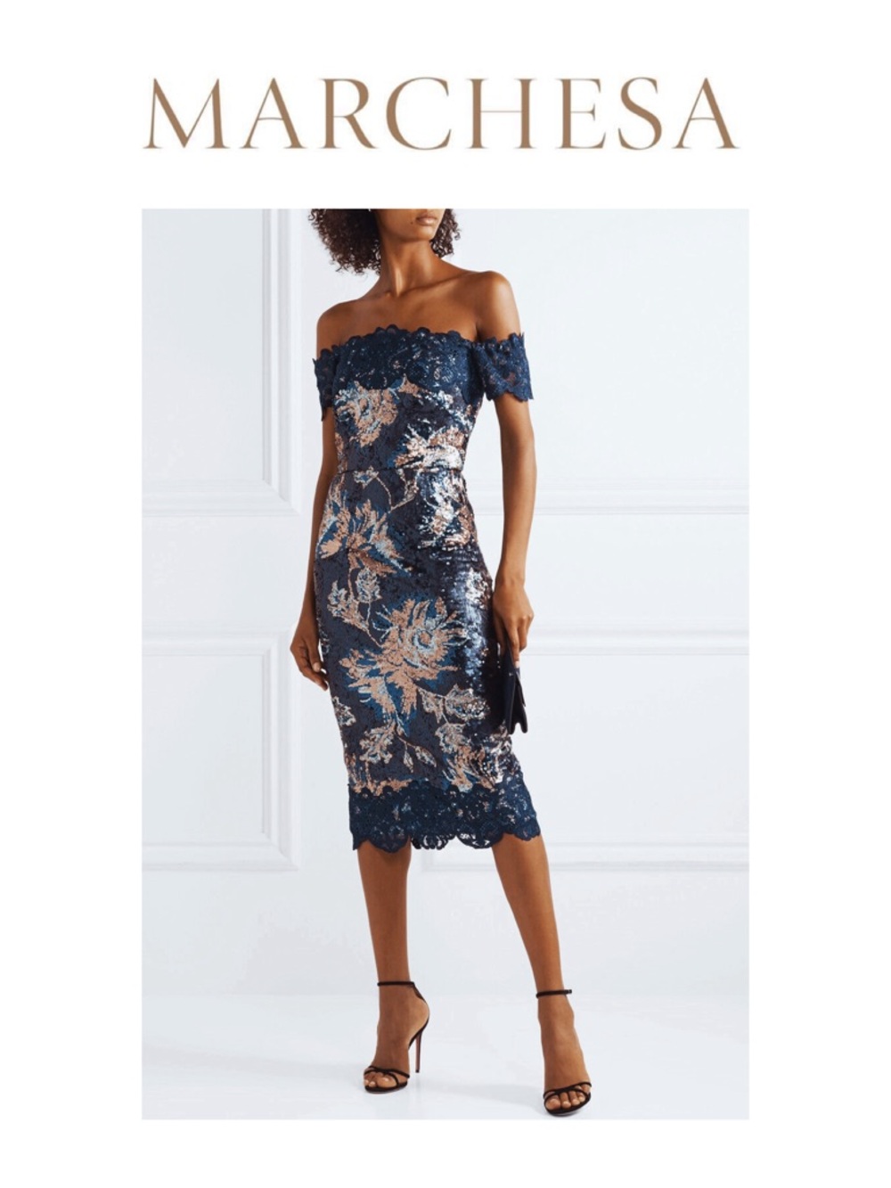 MARCHESA NOTTE Off-the-Shoulder Sequined Cocktail Dress with Guipure Lace
